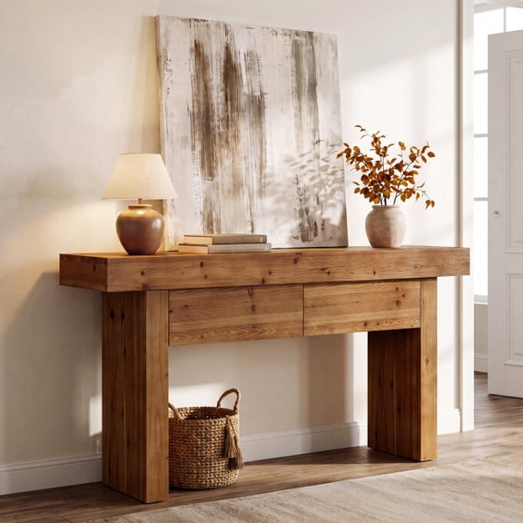 TRIBEWOOD Farmhouse 63" Soild Wood Console Table with 2 Drawers, Hallway