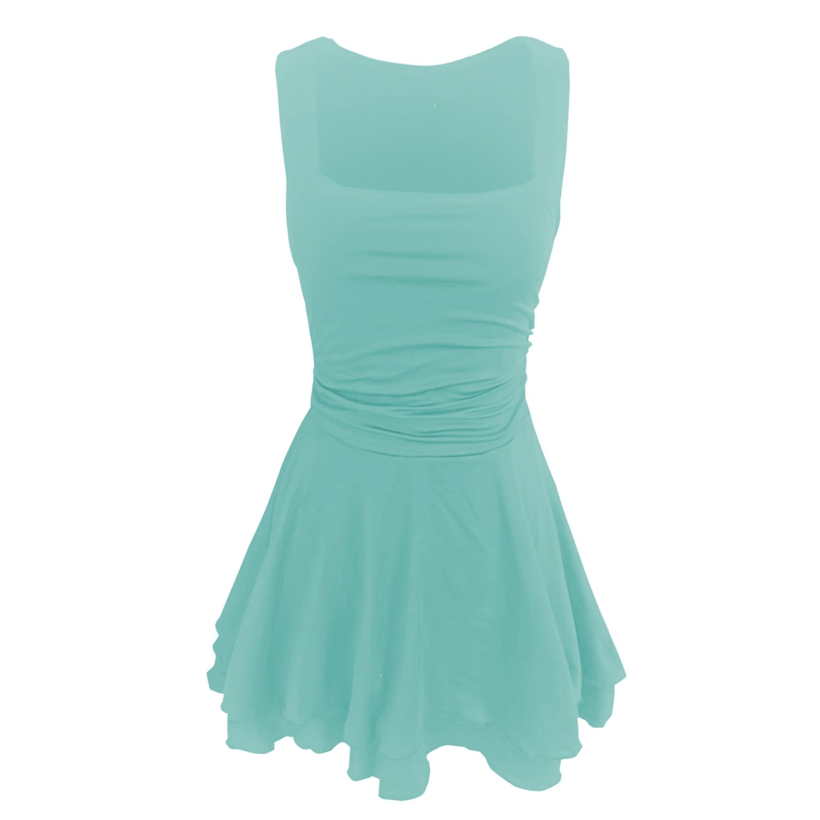 Wuxian Women Tennis Dress Sleeveless Wide Strap Popular Square Neck High Waist Ruched A-Line Ruffle Tiered Flowy Athletic Sport Workout Yoga Mini Dresses,Blue,XL