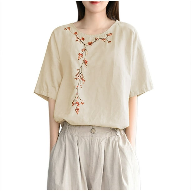 V Cuello Blusas para las Mujeres, de Moda Retro Bordado Cuello Redondo Cinco Cuartos de Manga para el Uso Casual