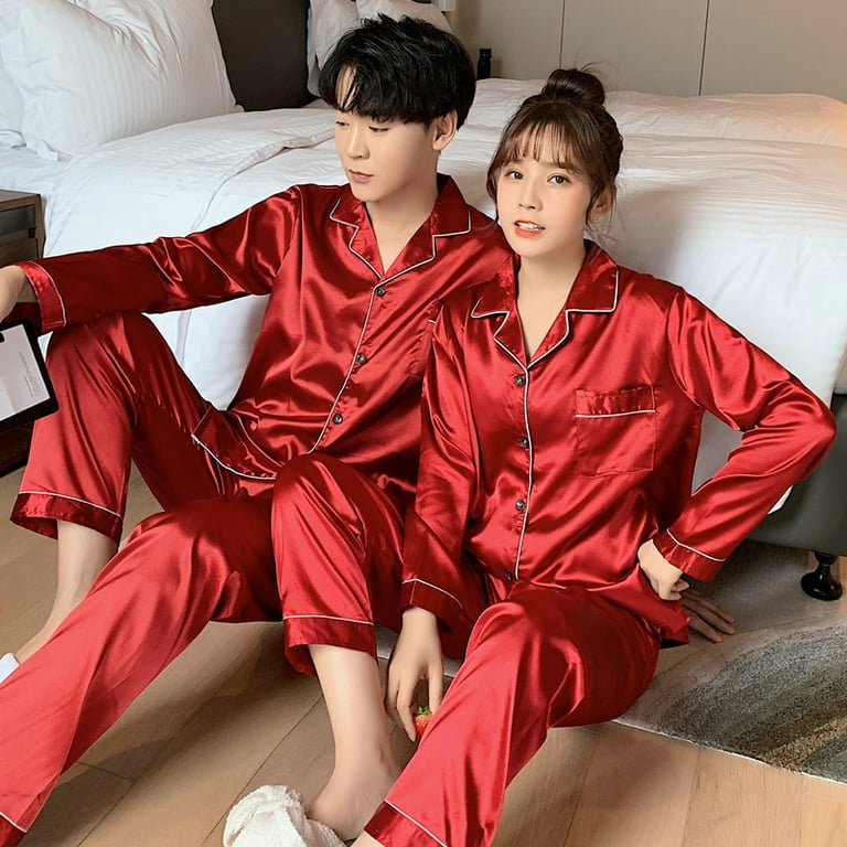 QWZNDZGR Fashion Silk Satin Couples Pajama Sets Men Women Long