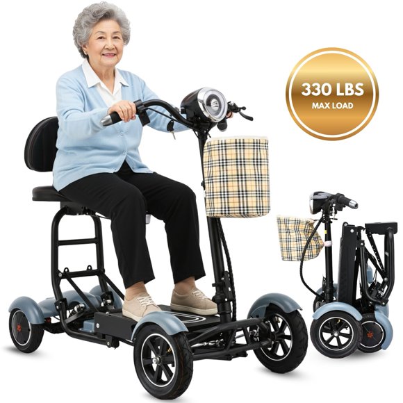Dragon Trottinette de Mobilité Mobile Portable et Pliable - Trottinette à 4 Roues pour Deux Personnes, Fauteuil Roulant à Batterie - Convient aux Voyages en Avion et aux Croisières - Bleu Ciel Mat