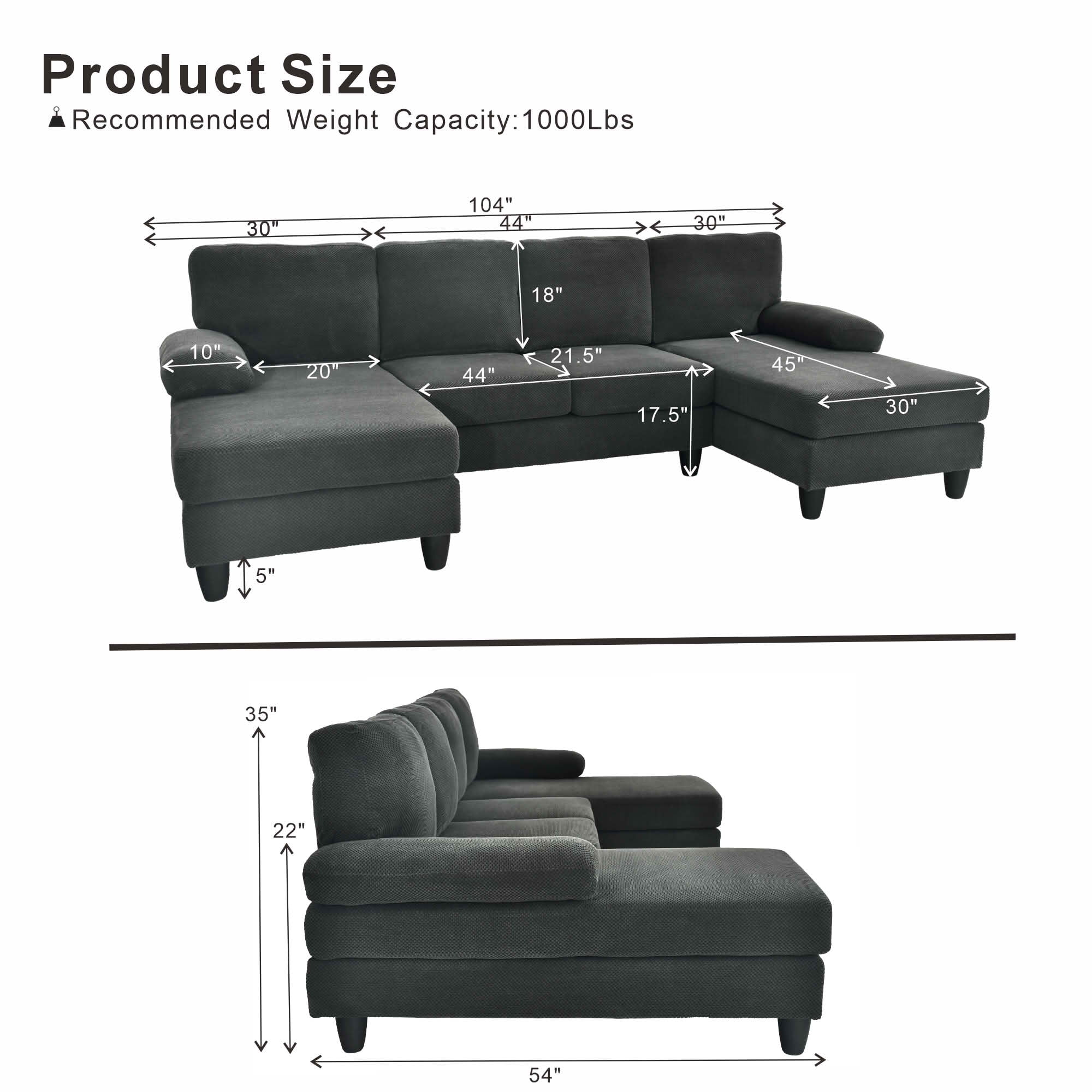 MAYEERTY 104" U‑Shaped Sectional Sofa, Nubby Textured Upholstery Couch with Dual Chaise & Plush Upholstered Armrests, Modern Living Room Furniture