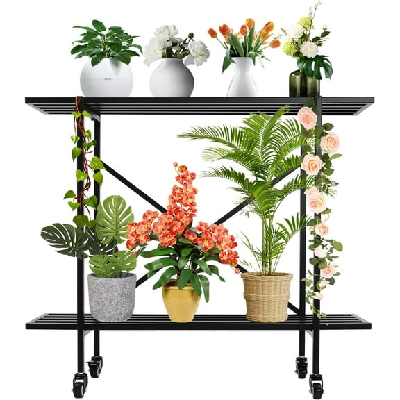 2 Tier Metal Plant Stand, Heavy Duty Plant Rack with 4 Wheels, Narrow Plant Stand for Indoor Outdoor, 220 Lbs Load Capacity & Sturdy Construction, L35 X W8.6 X H30 Inch, Black