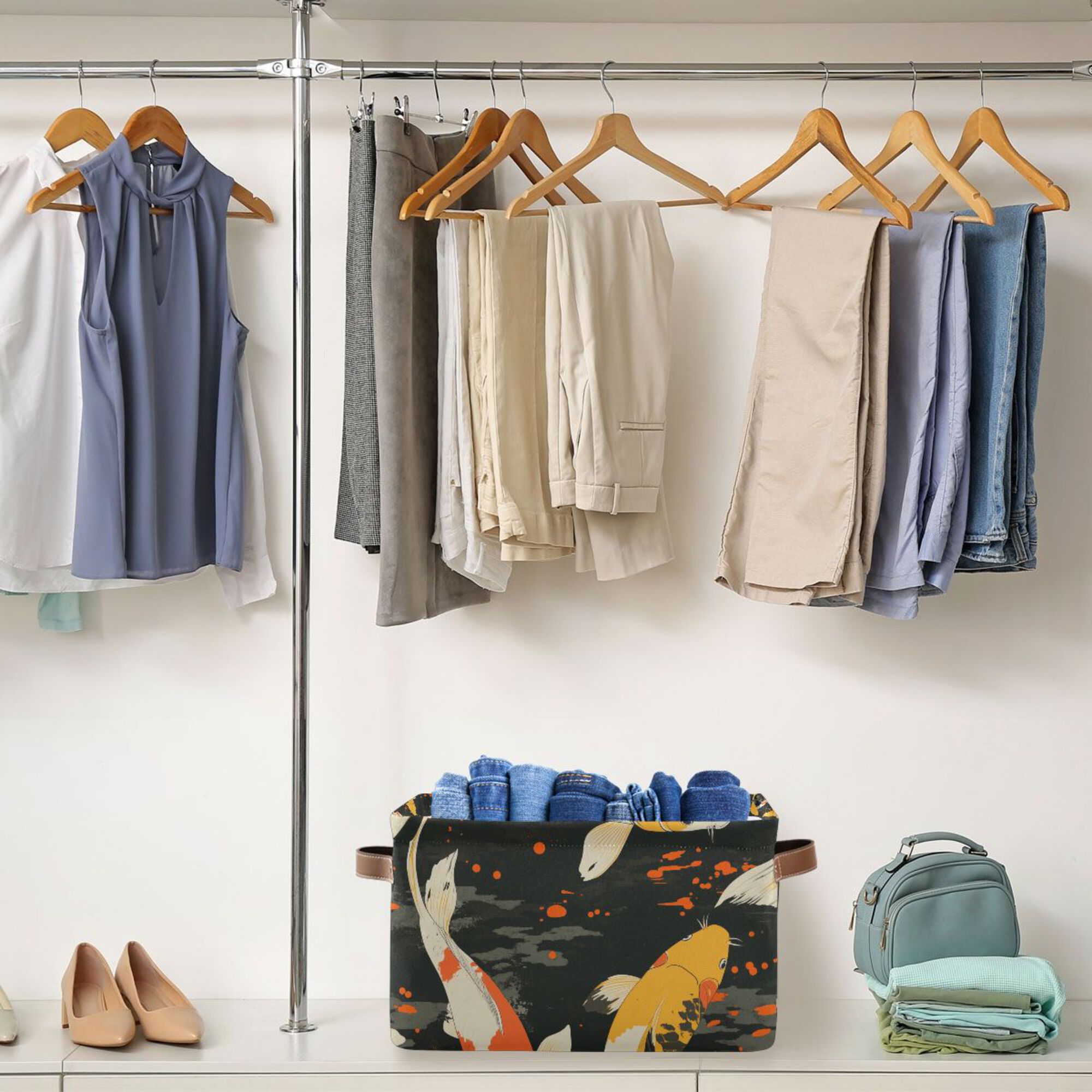 Yayeee 2 Pack Canvas Storage Basket with Handles for Shelves Fabric Bins Closet Organizer, Fish Pattern