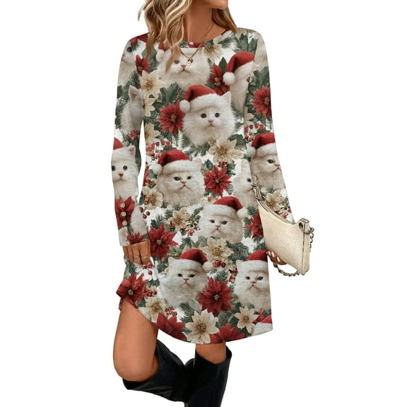 Women's Fashion Casual Dress with Pockets, Decorative Buttons, Christmas Prints, Round Neck and Long Sleeves for Practical Holiday Wear,Beige,L