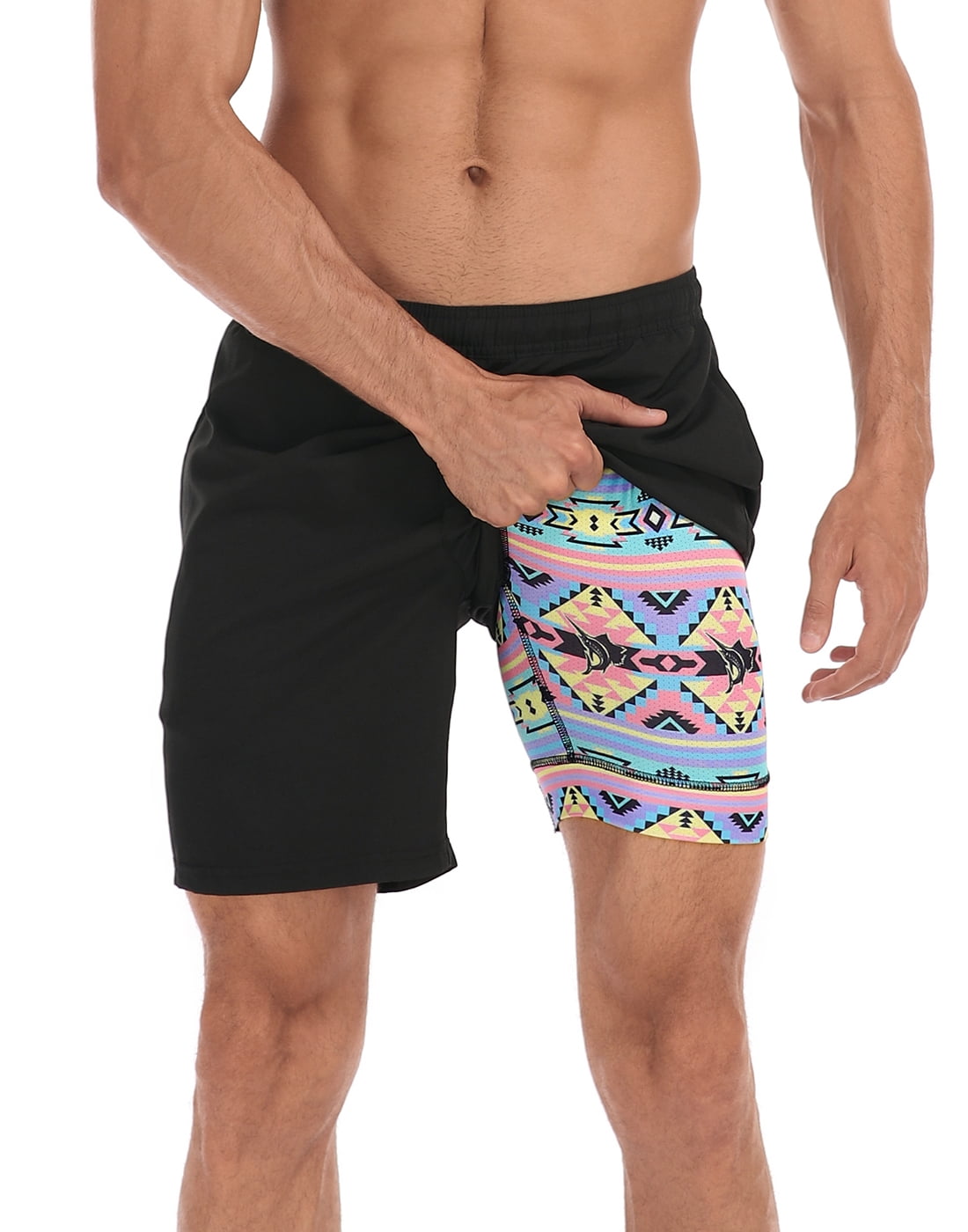 LRD Men's Swim Trunks with Compression Liner 7 Inch Inseam Black