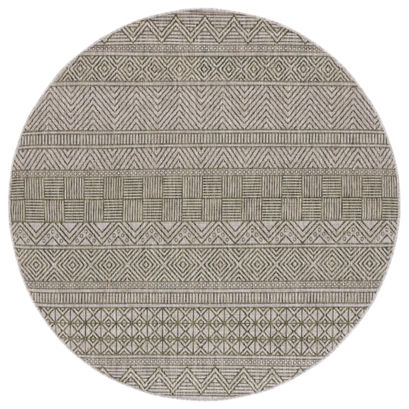 SAFAVIEH Courtyard Altan Geometric Indoor/Outdoor Area Rug, Grey/Olive Green, 6'7" x 6'7" Round