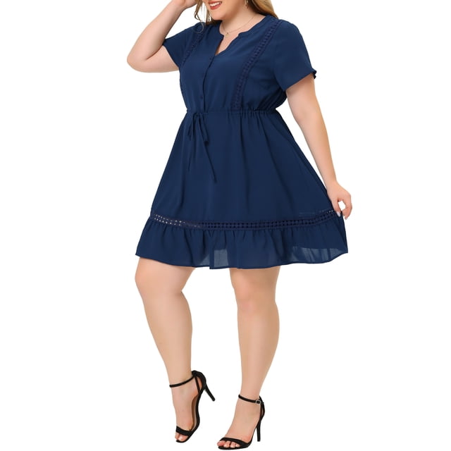GRACE & GRANDEUR Robe pour Femme Grande Taille Col en V Manches Courtes Taille à Nouer Robe Chemise Midi d'Été 2X Bleu Marine