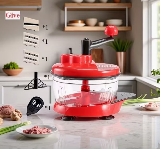 Multi-Functional Manual Food Processor - Vegetable Chopper, Garlic Press, Hand Crank Mixer with Transparent Container for Vegetables, Meat, Fruits, Nuts, Herbs, and Green Onions (Includes Base)