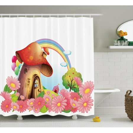 Mushroom Lane - Mushroom Decor Shower Curtain Set, Mushroom House Land Umbrella Mountain Daisies Weeds Surrounding Woods, Bathroom Accessories, 69W X 70L Inches, By Ambesonne