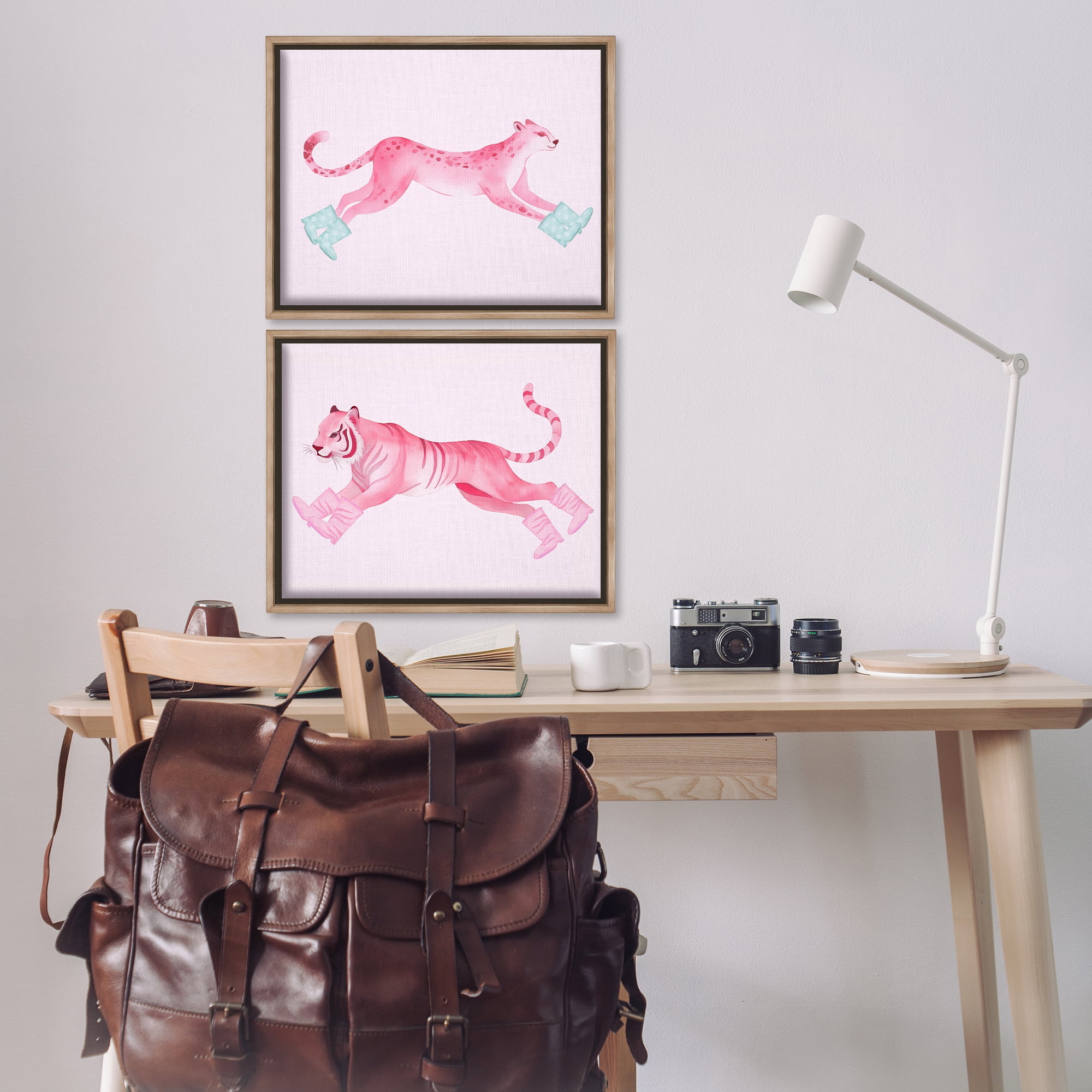 Stupell Industries Sprinting Jungle Animals in Boots Animals Painting Brown Floater Framed Canvas Art Print Wall Art, 21 x 17, Set of 2
