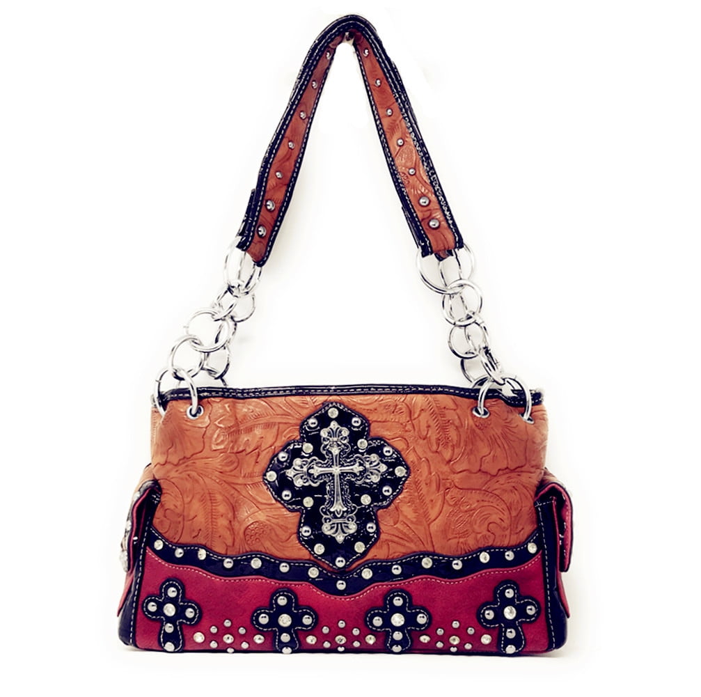 Texas West Premium Western Rhinestone Suede Leather Womens Handbag Purse With Cross In Multi