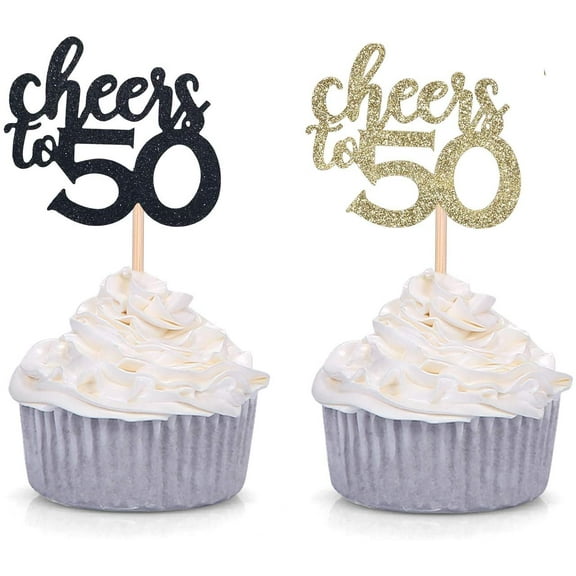 Black and Gold Glitter Cheers to 50 Cupcake Toppers 50th Birthday Celebrating Party Decorations - 12pcs