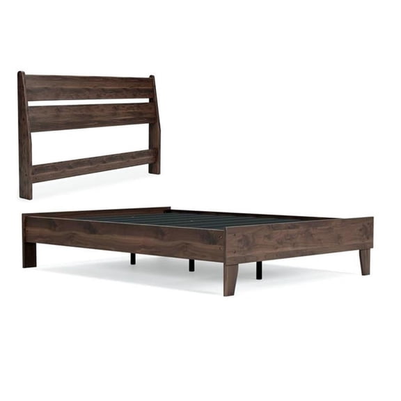 Maklaine Set of 2 Full Panel Engineered Wood Platform Bed & Headboard in Brown