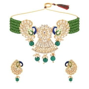 Efulgenz Faux Pearl Choker Crystal Kundan Peacock Stranded Green Multi Layered Necklace Earrings Indian Traditional Jewelry Set for Women