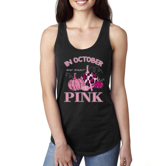 Wild Bobby In October We Wear Pink Pumpkin Cheetah Print Breast Cancer Awareness Women Racerback Tank Top, Black, Small