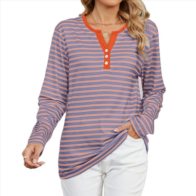 Camisetas de Larga A Rayas para Mujer, Informales, con Cuello en V, Bloques de Color, Corte Holgado, Básicas. Rosa y L