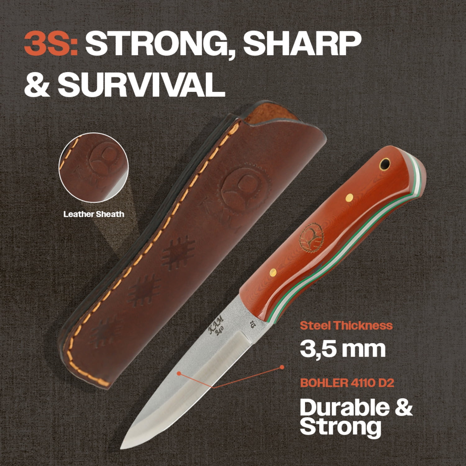 Kam Knife - B40 D2 Steel Red and Brown Handle Fixed Blade