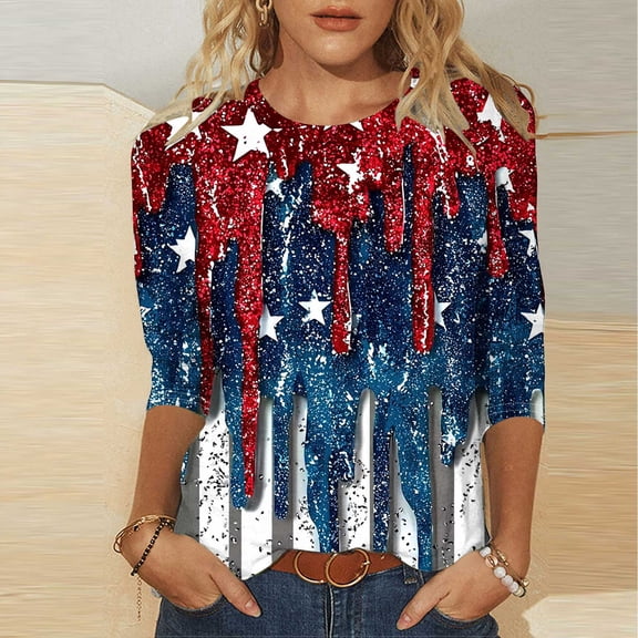 Zivyakyron Summer Womens T Shirts Fourth of July Patriotic Sequin Woman's Top Loose 3/4 Sleeve Casual Clothes