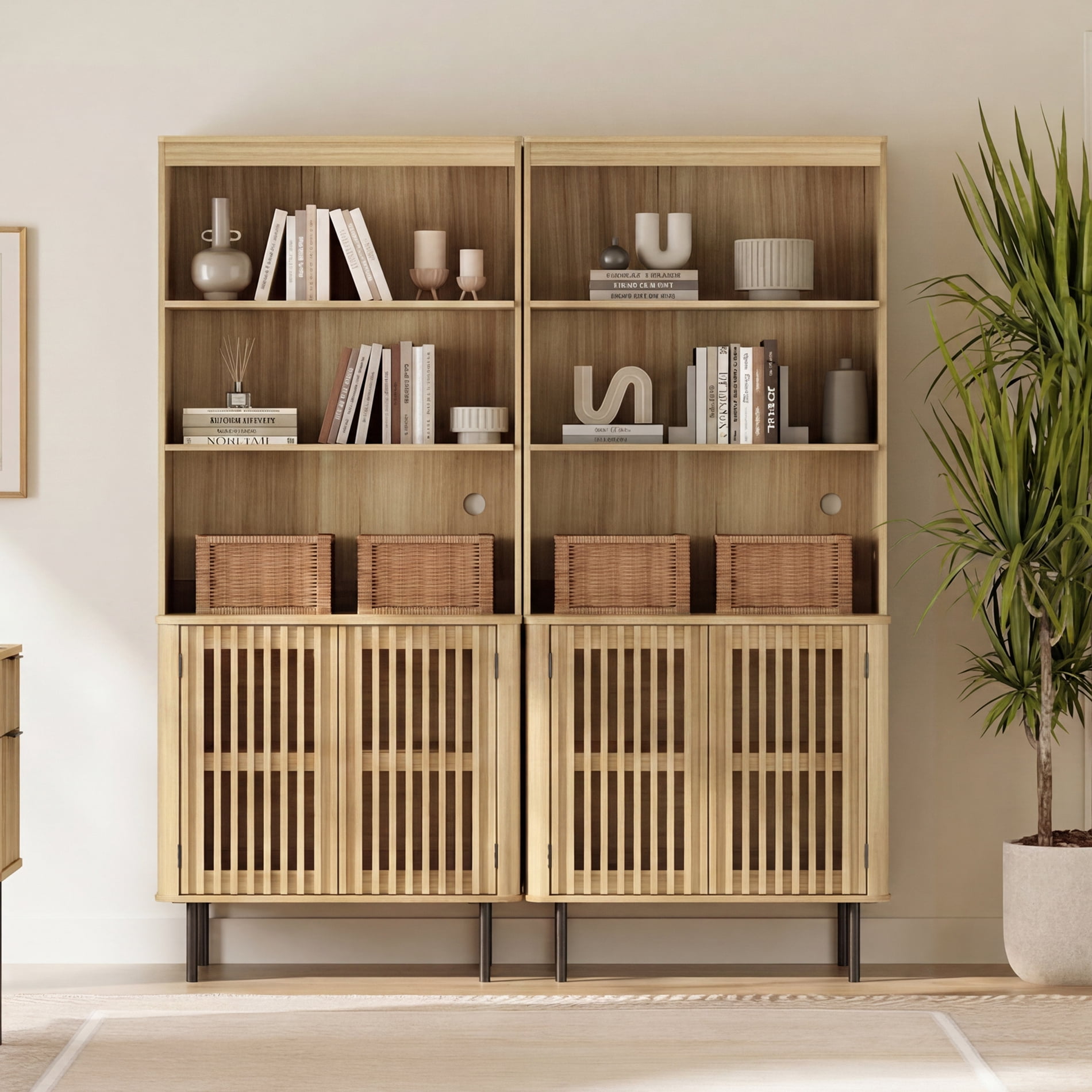 72.8" Tall Bookshelf with Doors - 6 Tiers Large Modern Bookcase with Adjustable Shelves, Oak