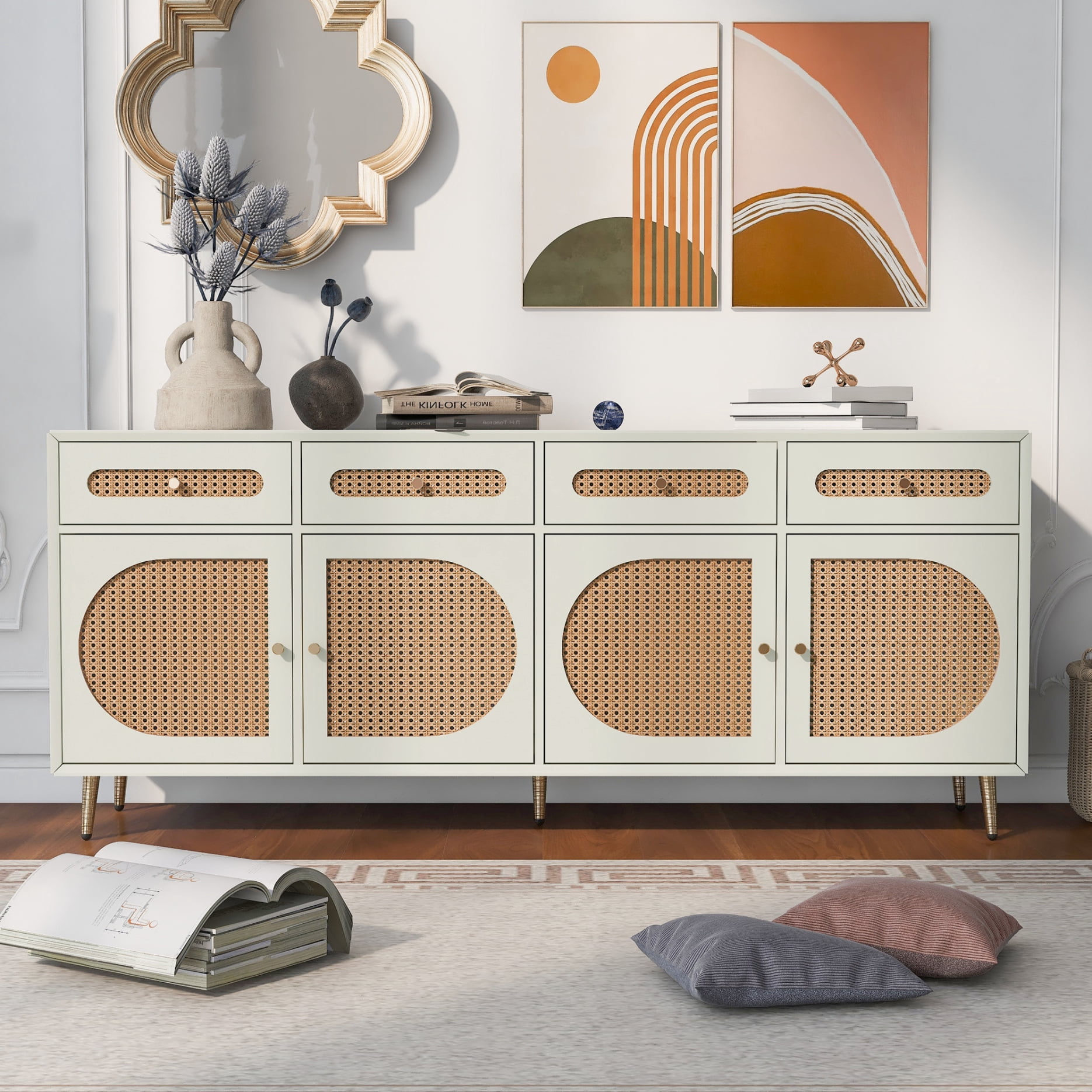 Boho Style TV Stand with Rattan Door for TVs up to 65", Woven Console ...