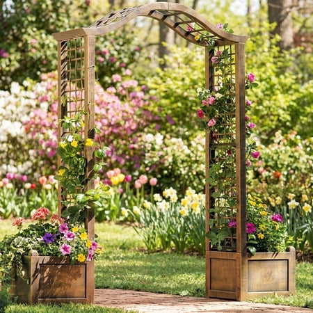 BrylaneHome Garden Arch Arbor Trellis with 2 Planter Boxes for Flowers and Climbing Vines