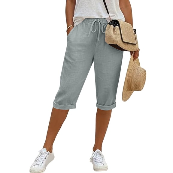 Stamzod Women's Summer Capri Pants Solid Elastic Waist Capris Casual Straight Leg Cropped Trousers Gray L