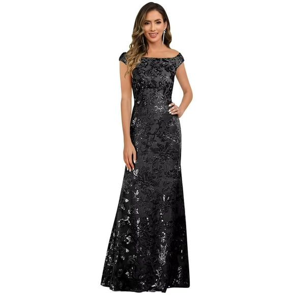 Vestido de noche OFEYCHUN con lentejuelas de encaje negro y hombros descubiertos, talla 6