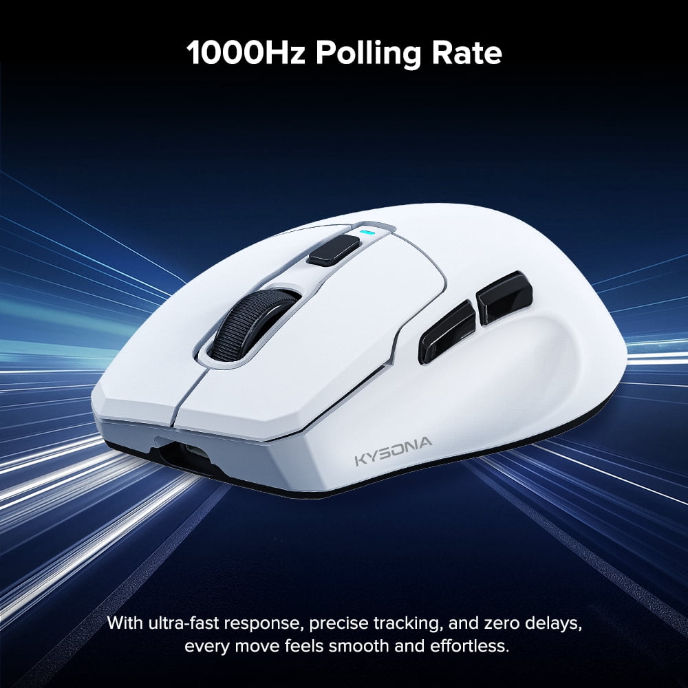 KYSONA Wireless Gaming Mouse, 24000 DPI, 1K Polling Rate, 2.4GHz/USB-C/Bluetooth Ergonomic Mouse, Web-Driven, Rechargeable Gaming Mice for PC/Mac/Tablet/Xbox, White