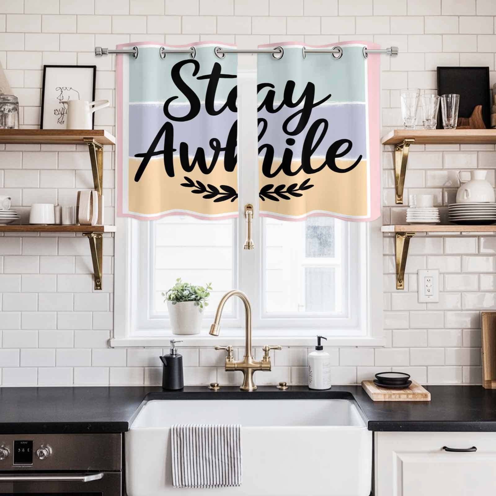 2 Panels Kitchen Tier Curtains 39 Inch Length, Stay Awhile Grommets Window Treatment Curtain, Wheat Color Block Stripes Aesthetic Thermal Curtains Drapes for Living Room/Bathroom