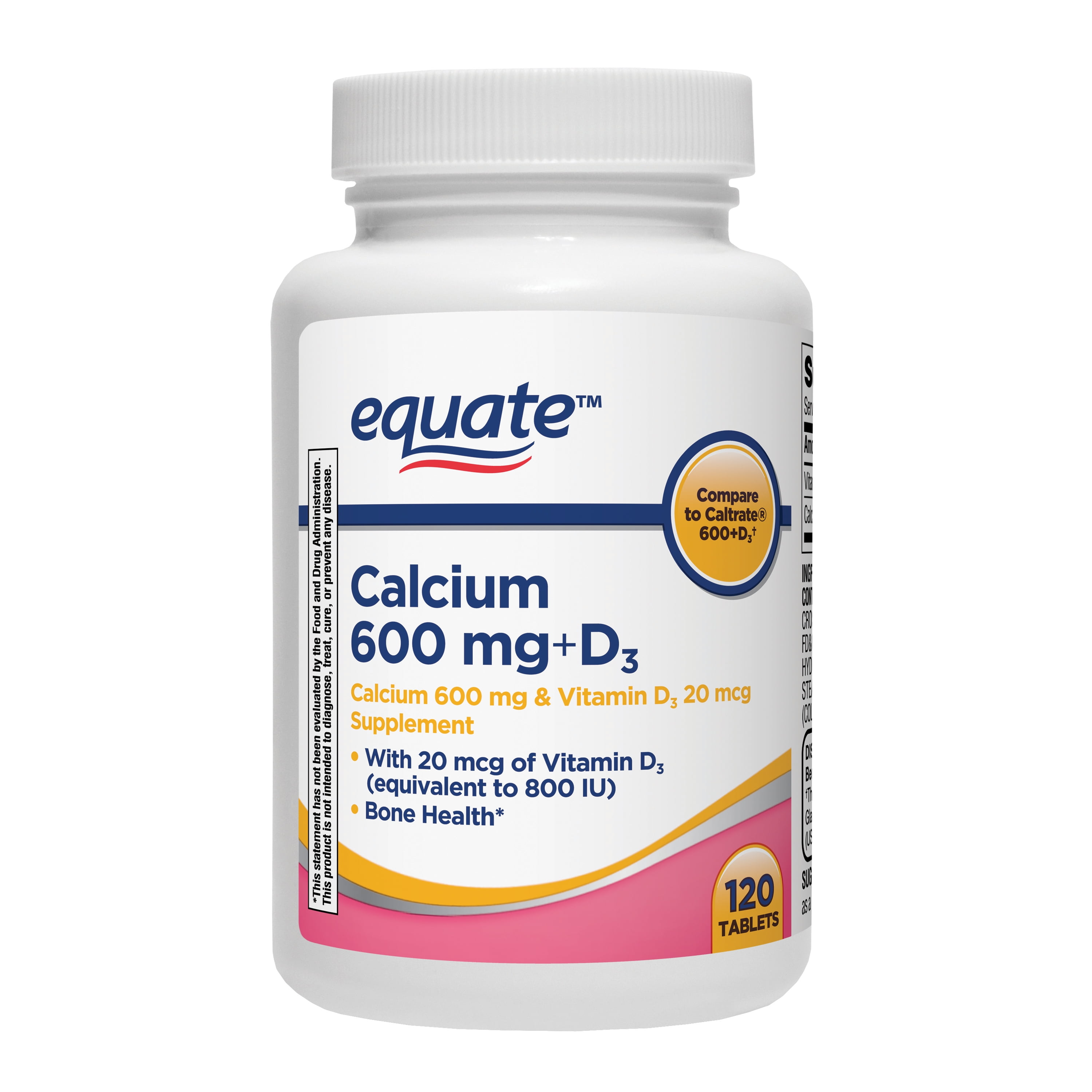 (3 pack) Equate Calcium + D3 Tablets Dietary Supplement, 600 mg, 120 Count, Compare to Caltrate® 600+D3