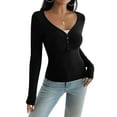 thumbnail image 2 of Women'S Long Sleeve Shirt V-Neck Buttons Ribbed Knit Slim Fit Casual Basic Spring Autumn Tops Black L, 2 of 9