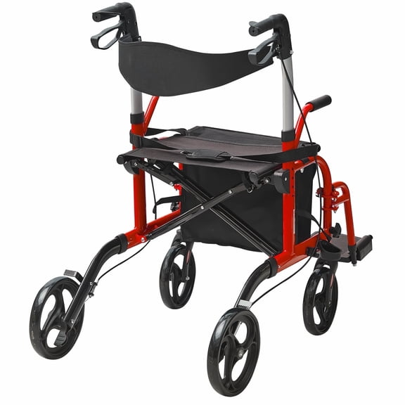2 in 1 Rollator Walker & Transport Chair for Seniors, Folding Mobility Aid with Footrests, Lightweight Aluminum Wheelchair Combo, Adjustable Handle, 300lbs Capacity