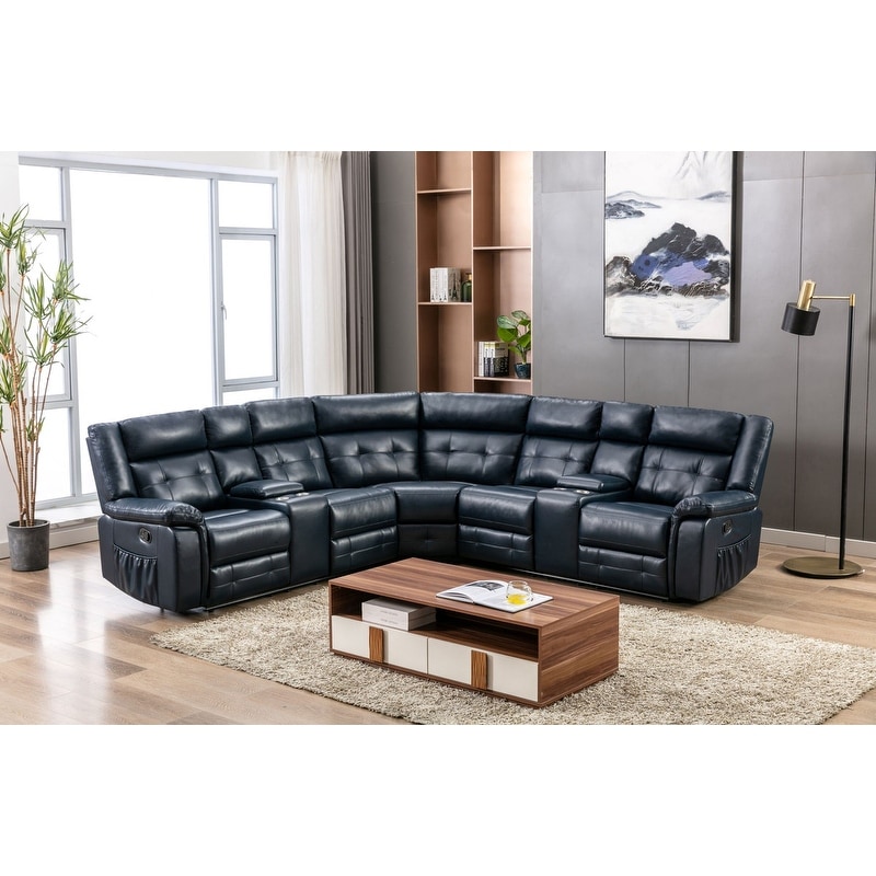 SIDA PU Leather Reclining Sectional Sofa Set , Grey,Dark Blue - 40.5*109.85*35.6 Blue