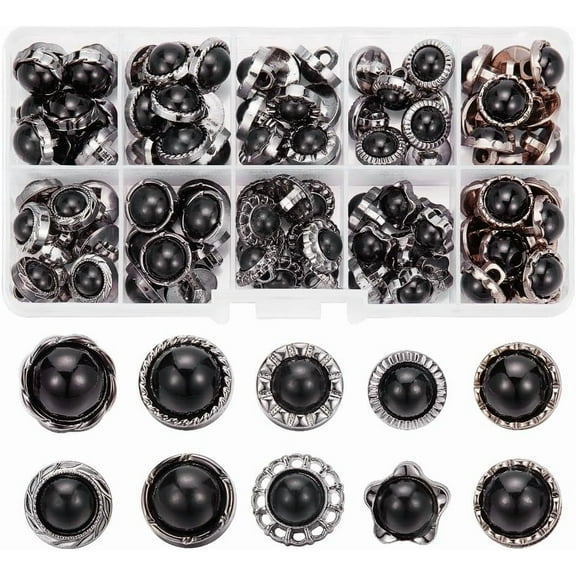 DIY 100 Pcs Black Faux Pearl Buttons 10 Styles Retro Plastic Pearl Buttons with Shank Round Embellishments Sewing Crafts Buttons DIY