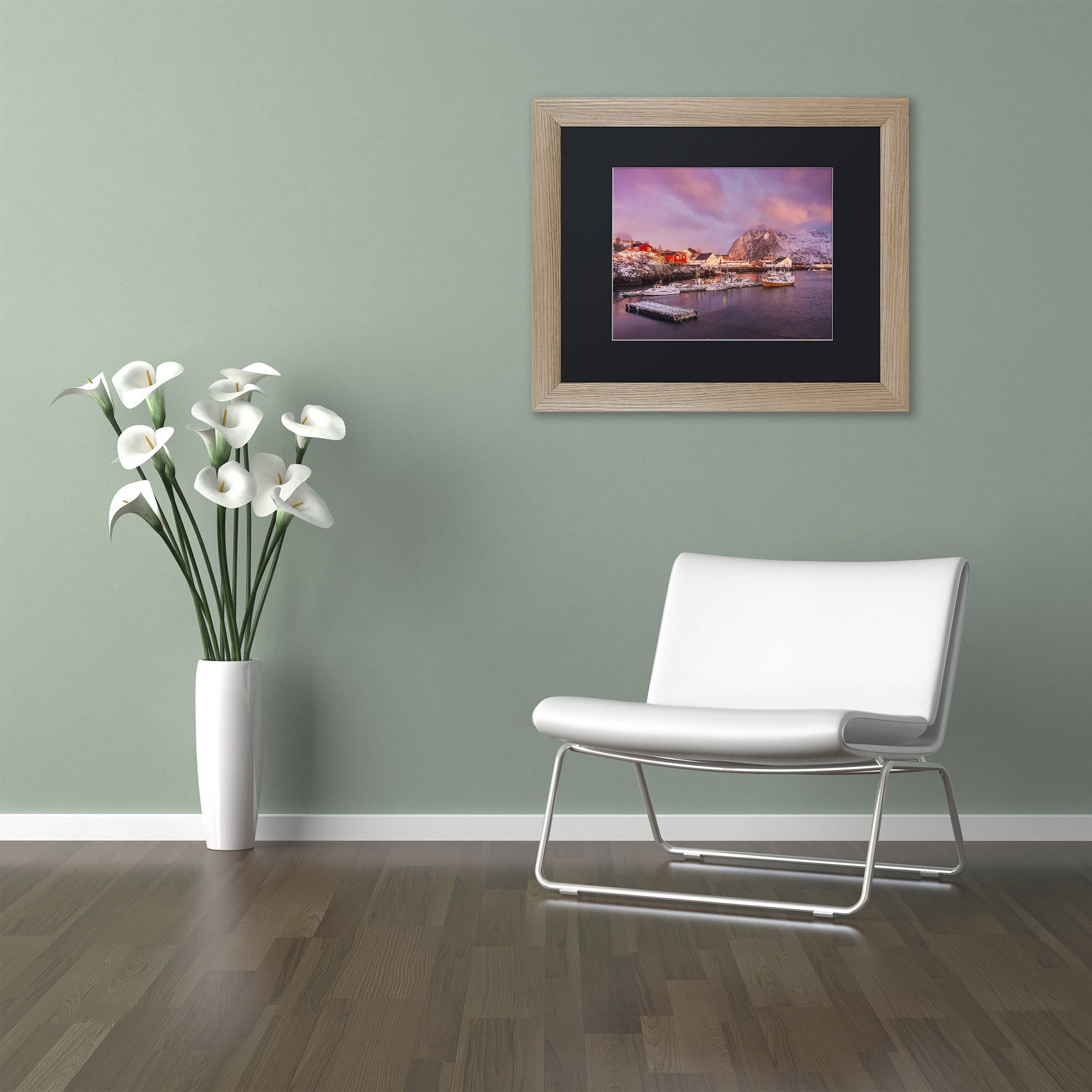 Trademark Fine Art "Hamn?y Harbor Light" Canvas Art by Michael Blanchette Photography Black Matte, Birch Frame
