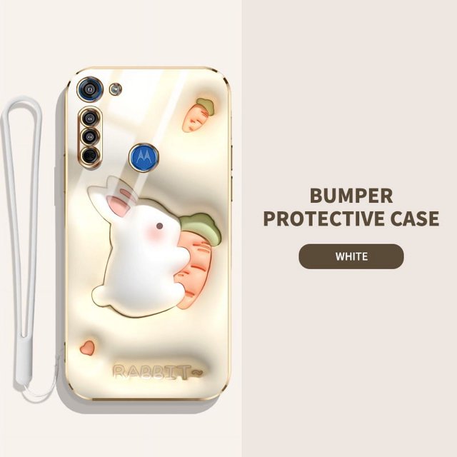 Funda Linda Motorola Moto G8 Plus/G8 Power Lite Play Dibujos Animados Pequeño Conejo Blanco Con Cuerda De Silicona De Lujo Galvanizada De Alta Calidad Agujero Fino Para Teléfono