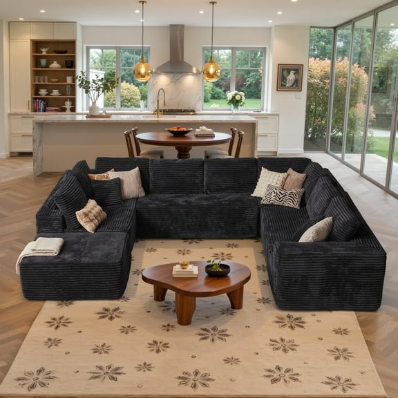Ovios 135" x 107'' U-Shape Modular Sectional Sofa with Ottoman, Plush Corduroy Deep Seat Couch, No-Assembly Boneless Cloud-Style Sofa for Living Room