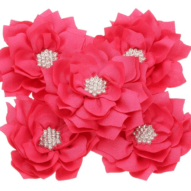 Uxcell 3.5" Flores de Chiffon, 5 Piezas Flores de Tela con Rhinestone y Perlas para Aplicaciones de Costura en Manualidades, Vestidos, Ropa DIY, Diademas, Decoración de Bodas y Fiestas, Rojo Rosa