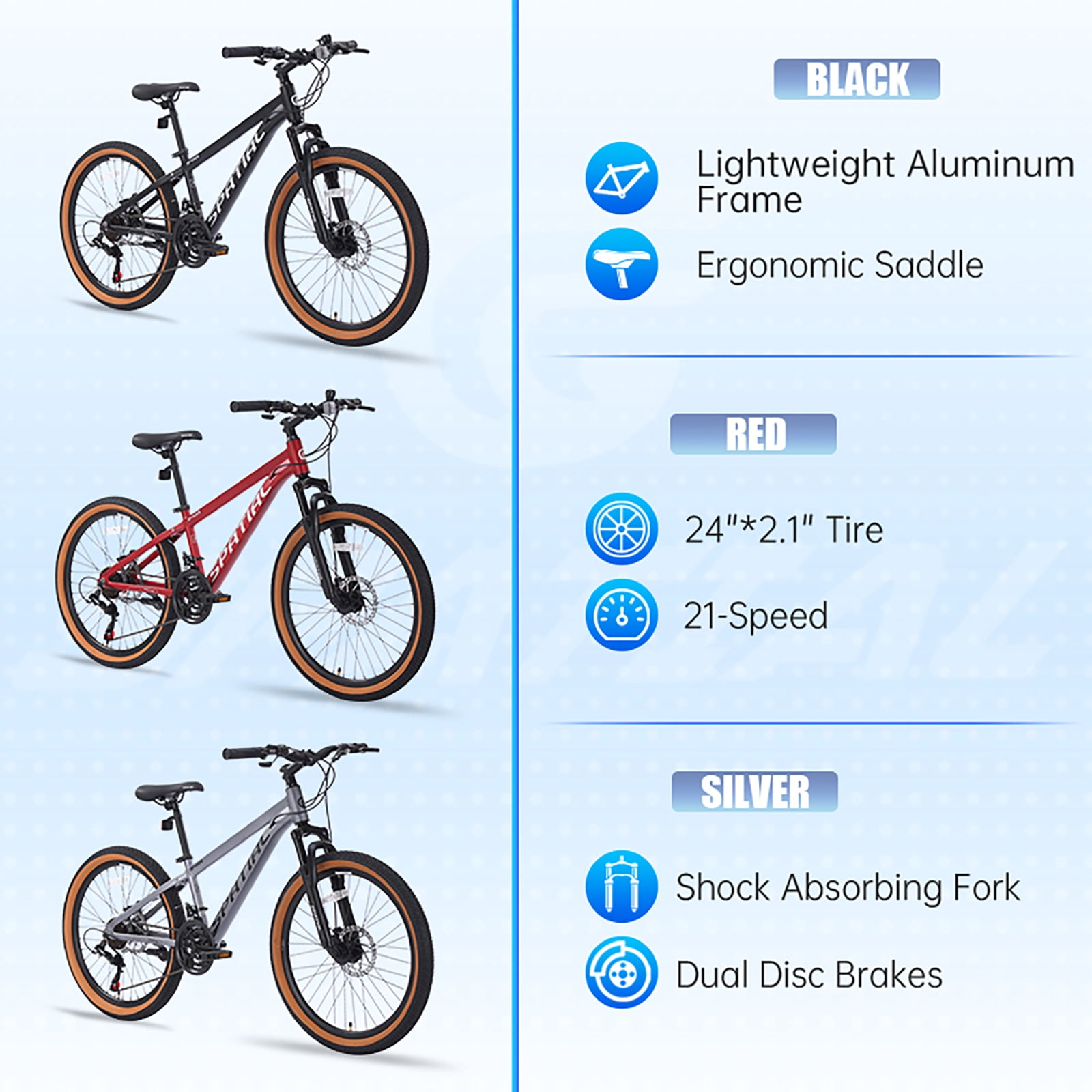 24" Wheel Mountain Bike, 21 Speed with Dual Disc Brake Mountain Bicycle, Aluminum Frame Fits Teens Womens Mens MTB Cycling Bikes
