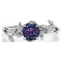 JeenMata 0.50 Carat - Round Cut Lab Created Alexandrite Ring - Leaf & Vine Engagement Ring - 18K White Gold Plating Over Silver
