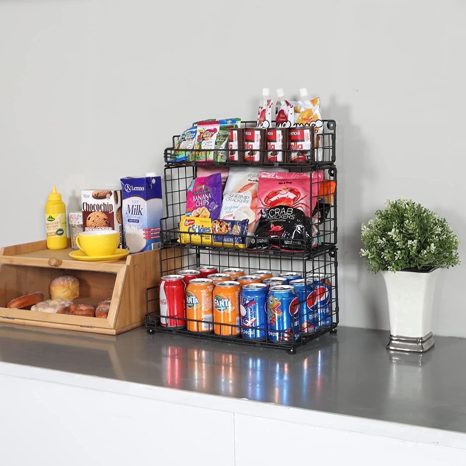 X-COSRACK 3-Tier Stackable Wire Basket, Foldable Metal Storage Bin for Kitchen Pantry & Countertop, Wall Mounted Fruit and Vegetable Organizer for Onion Potato Snacks, Black