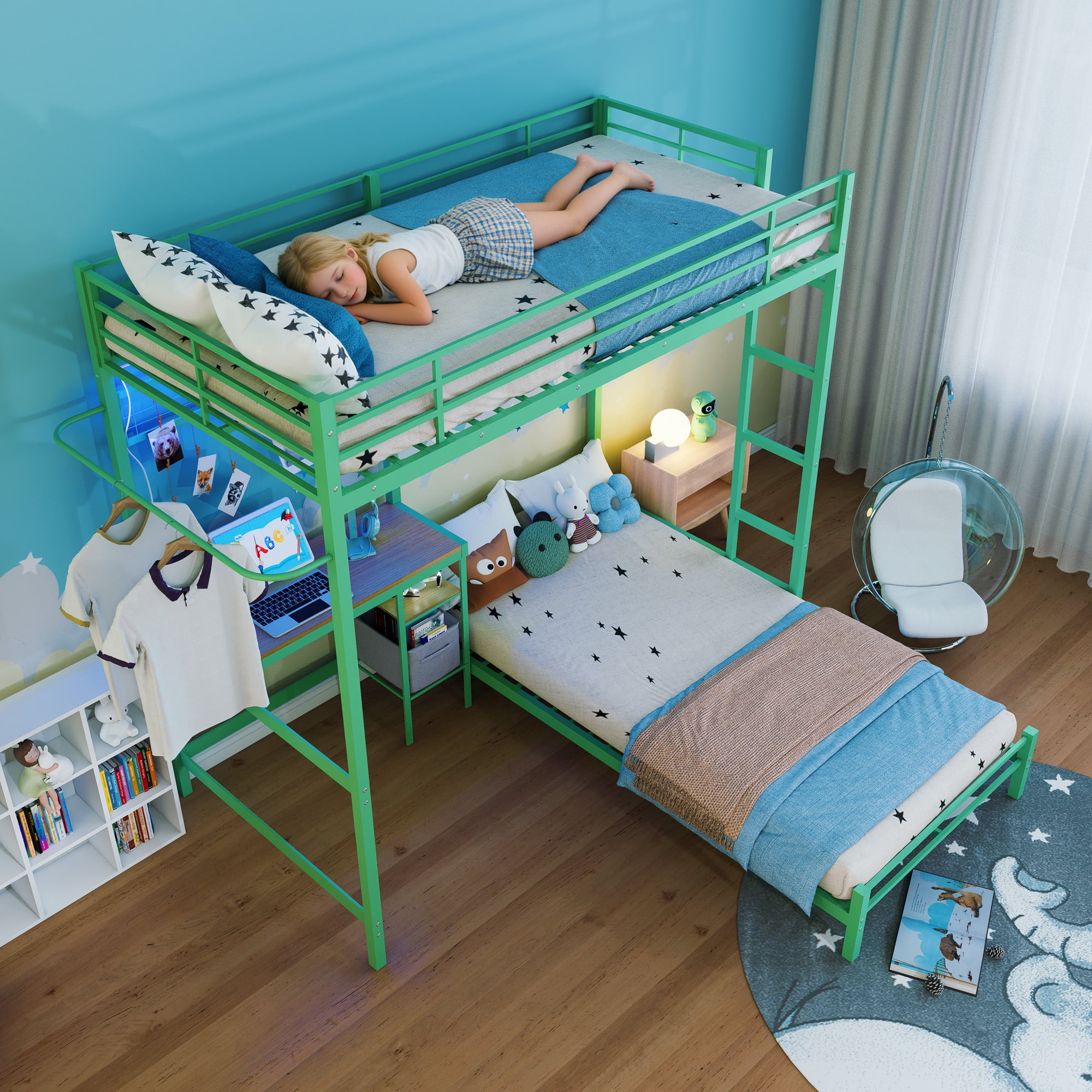 Aukfa Twin over Twin Bunk Bed with Desk, LED Light & Storage Shelves, L-Shaped Metal Bunk Bed for Teens & Kids, Green