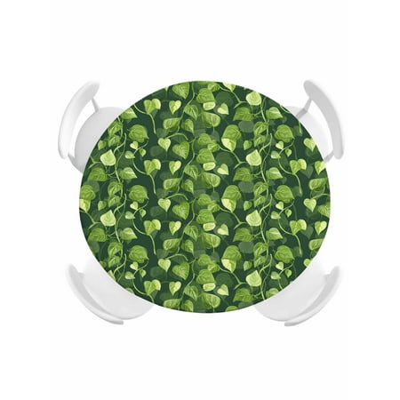 Round Fitted Tablecloth Spring Green Leaves Seamless Circle Table Cover Waterproof Table Cloth with Elastic Edge Pastoral Watercolor Foliage Outdoor Tablecloths for Kitchen Picnic 36-44in