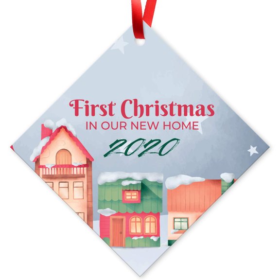 Soul Décor Christmas Tree Ornaments, First Christmas in Our New Home 2020 Ornament, Large 3.75" Diamond Metal Ornament, Velvet Pouch Included