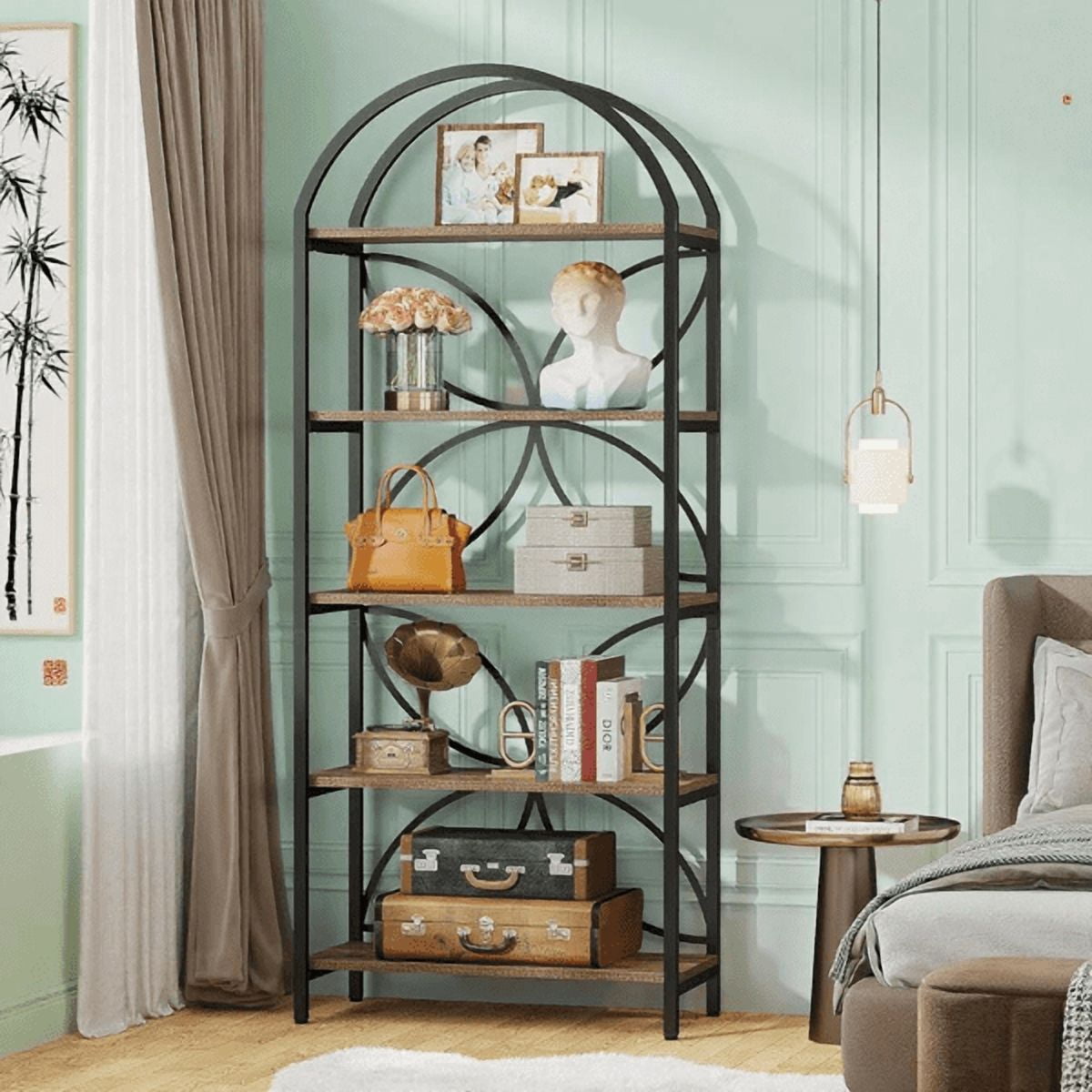 5-Tier Rustic Industrial Narrow Bookshelf - Metal Frame & MDF, Compact Open Storage for Living Room/Office/Farmhouse