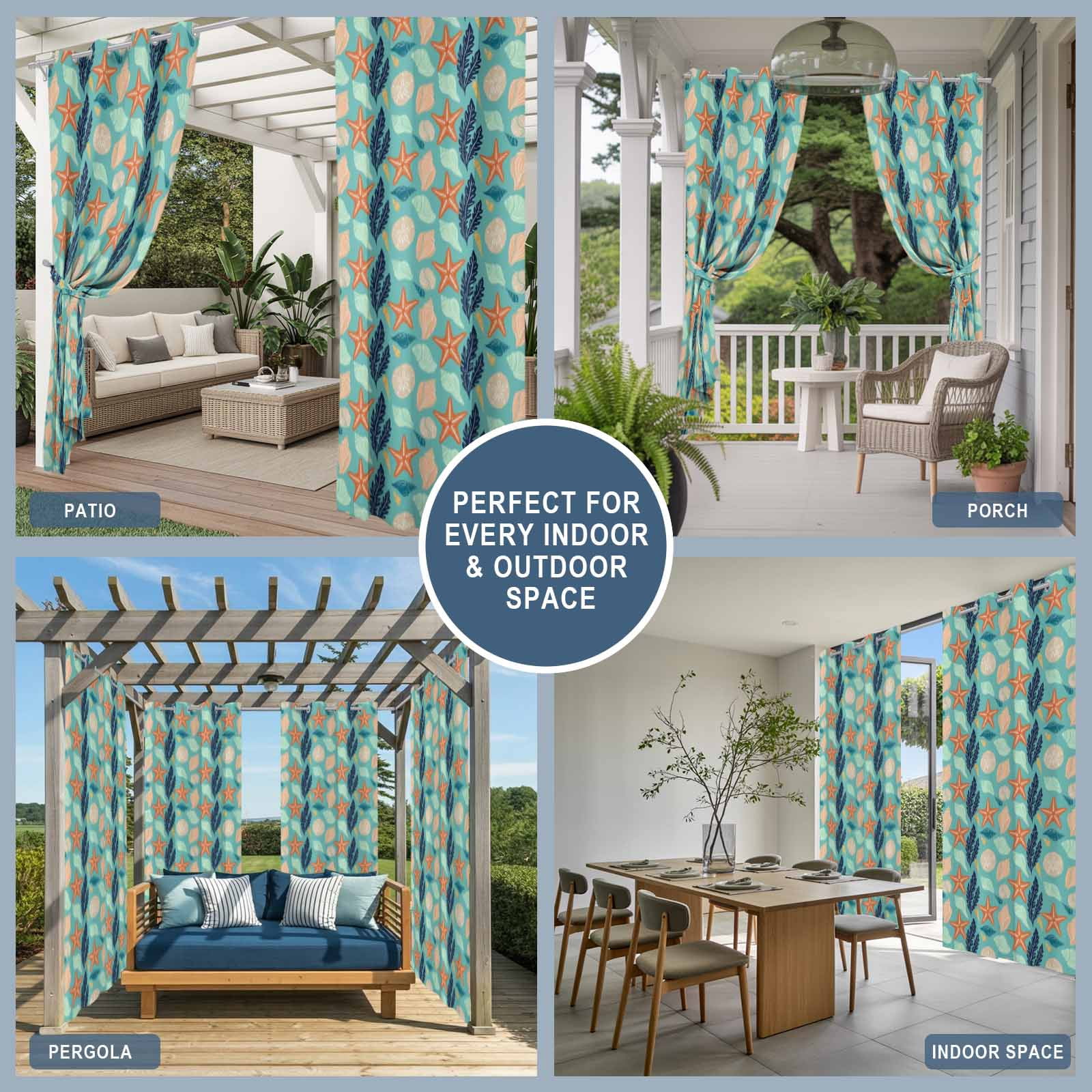 Ocean Life Outdoor Curtains for Patio, Orange Starfish Conch Coral Sea Urchin Green Sunshade Privacy Drapes Grommet Waterproof Outside Curtains for Porch/Cabana/Balcony 54"x 95", 2 Panel