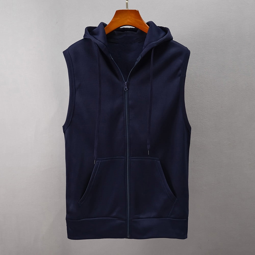 WREESH Mens Sleeveless Sweatshirts Vest Casual Solid Hooded Vest Drawstring Zipper Workout Outerwear Vest Navy