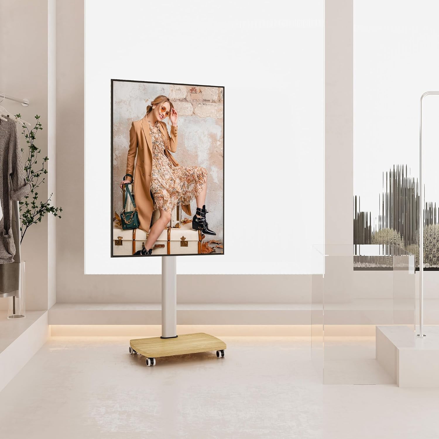 AOKCOS Rolling TV Stand for 32–65 Inch TVs, White, Portrait/Landscape Rotation, Tilt