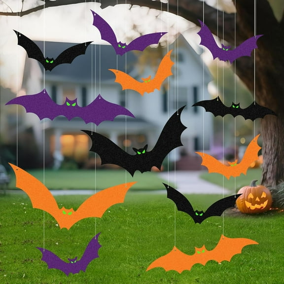 Hanging Bats Halloween Decoration Outdoor,Large Colored Scary Flying Plastic Bats Halloween Decor for Outside Tree, Porch, Yard, Lawn [12PCS,Orange,Purple,Black]